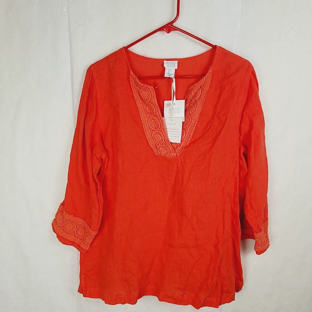 New Sigrid Olsen orange linen tunic top Size Large crocheted lace Lagenlook Boho